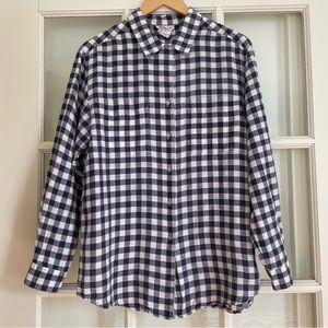 Talbots linen cotton blend navy blue white gingham button up shirt women's 8